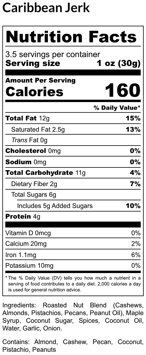 Nutrition facts for Caribbean Jerk Candied Mixed Nuts