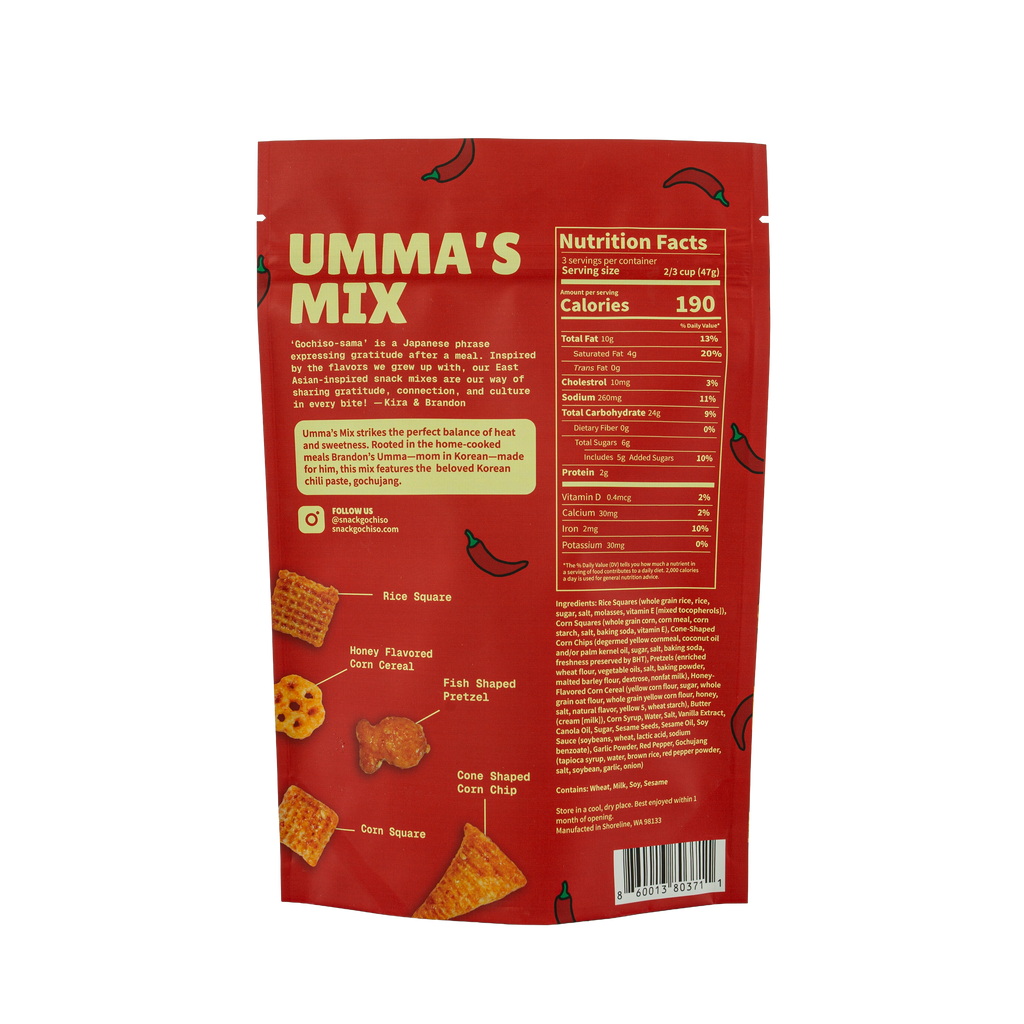 Gochiso Umma's Mix gochujang snack mix, 5 oz back package