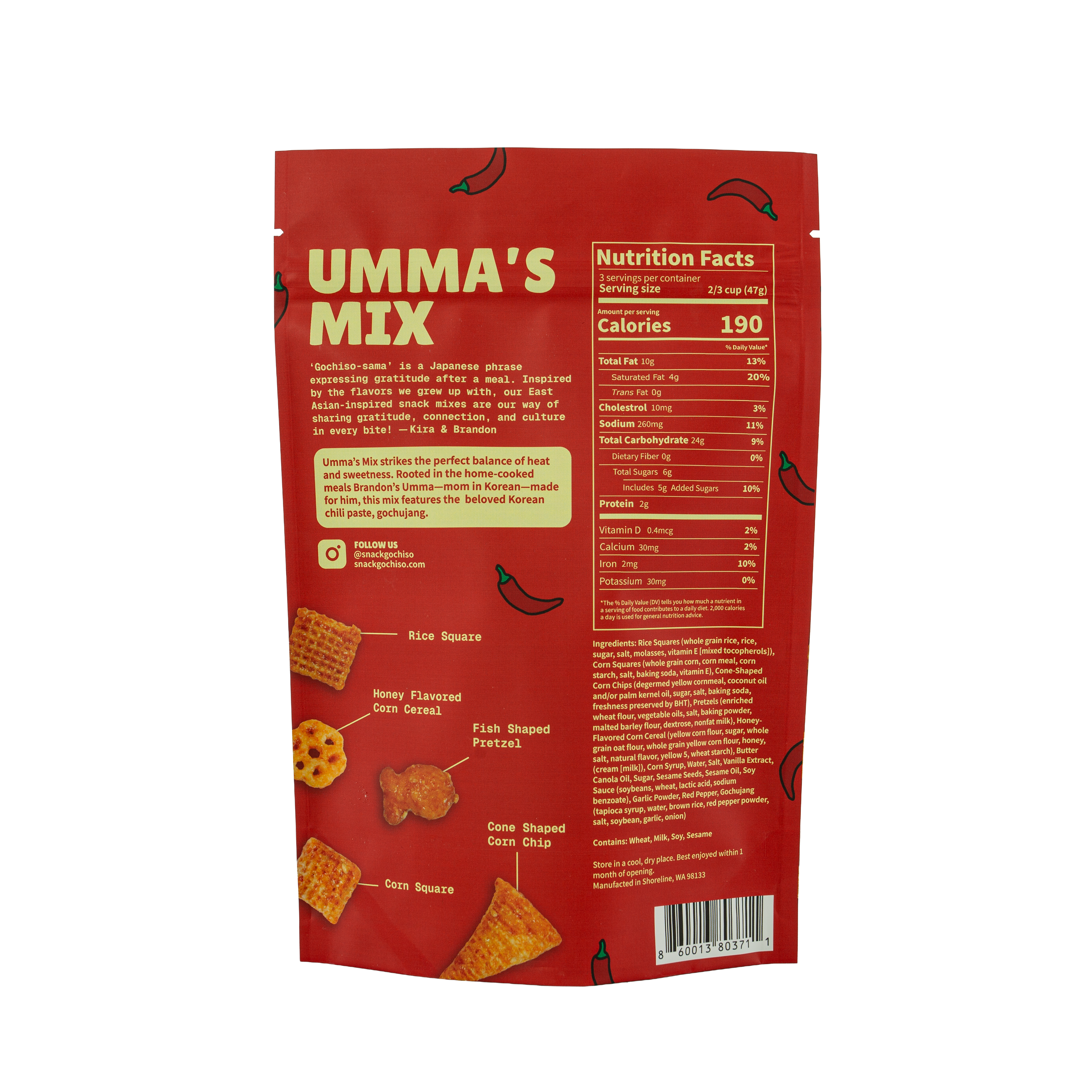 Gochiso Umma's Mix gochujang snack mix, 5 oz back package