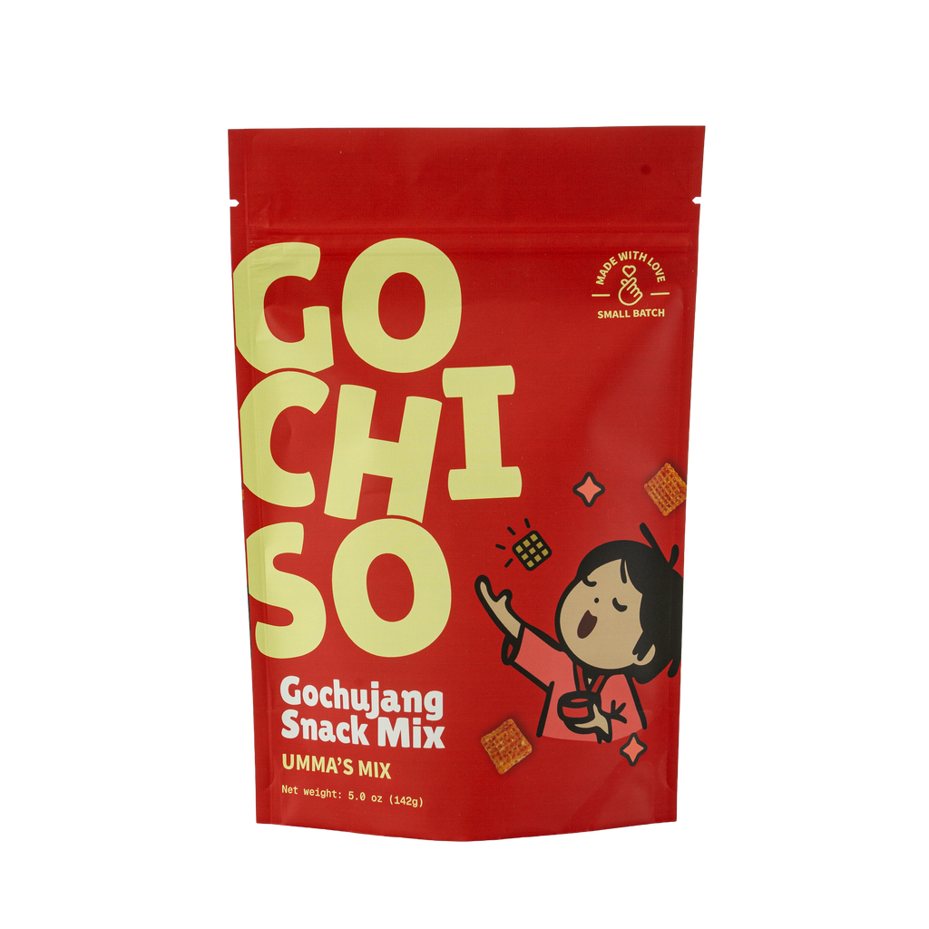 Gochiso Umma's Mix gochujang snack mix, 5 oz front package