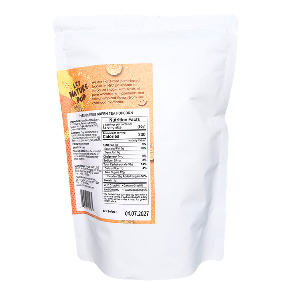 Heartland NY Passion Fruit Green Tea Popcorn 1.76 oz back package