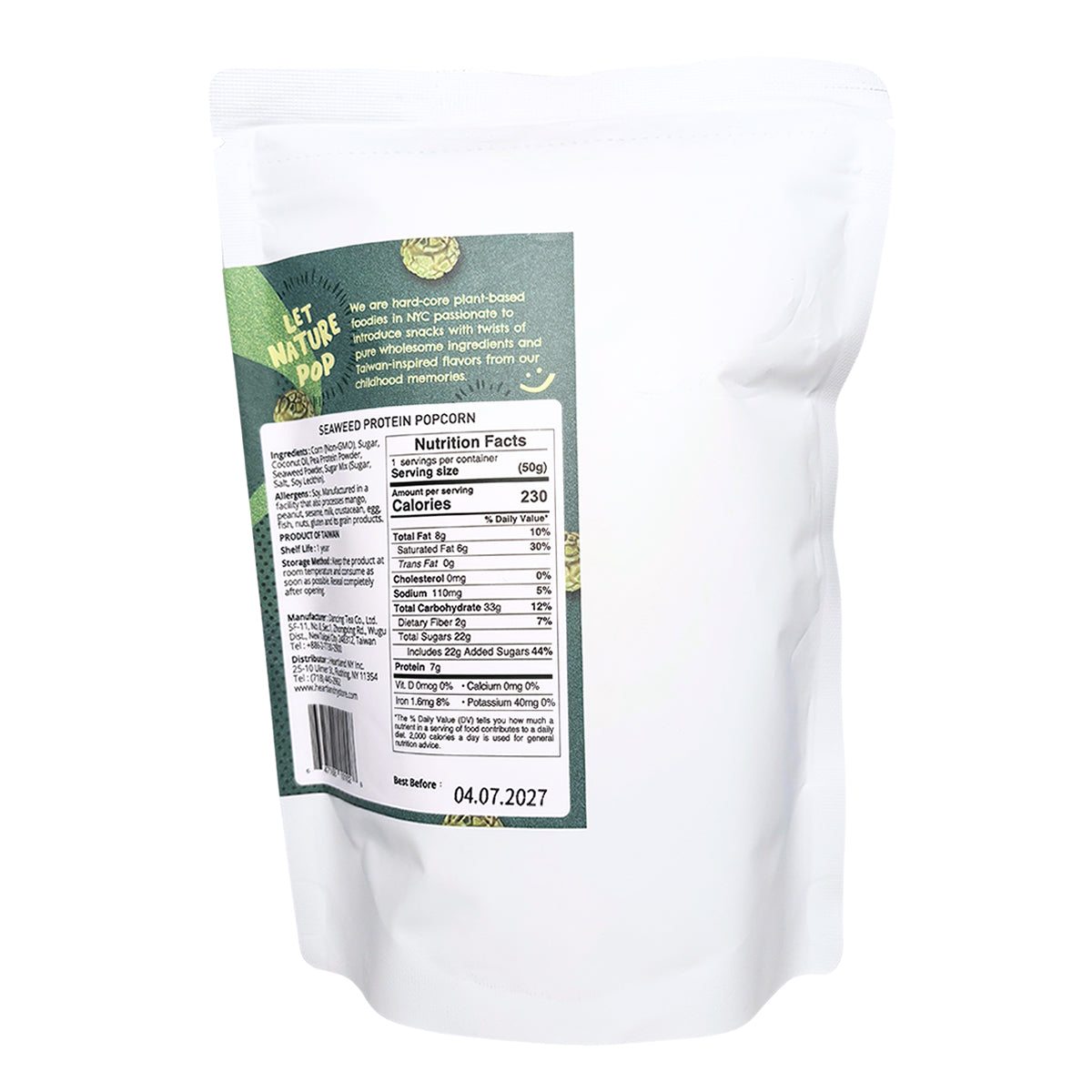 Heartland NY Seaweed Protein Popcorn 1.76 oz back package