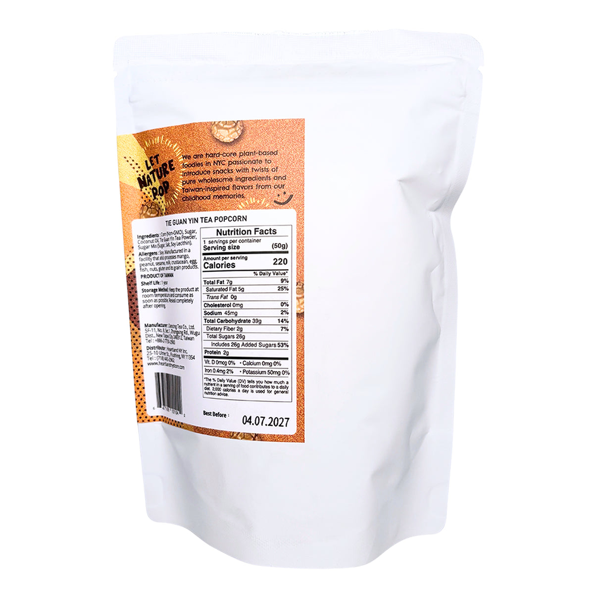 Heartland NY Tie Guan Yin Tea Popcorn 1.76 oz back package