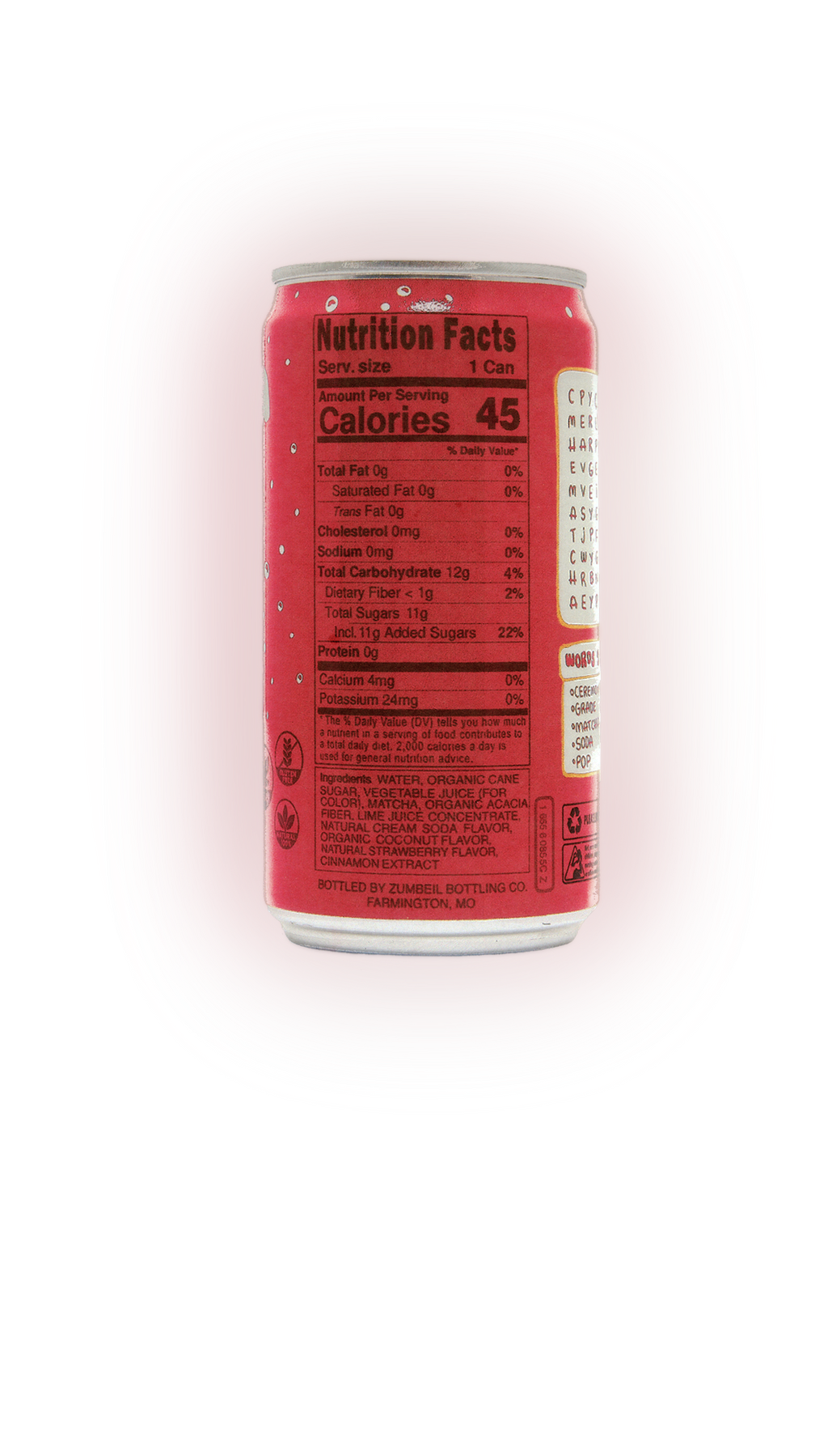 Lantern Beverages Strawberry Matcha Soda, 8.4 fl oz nutrition panel