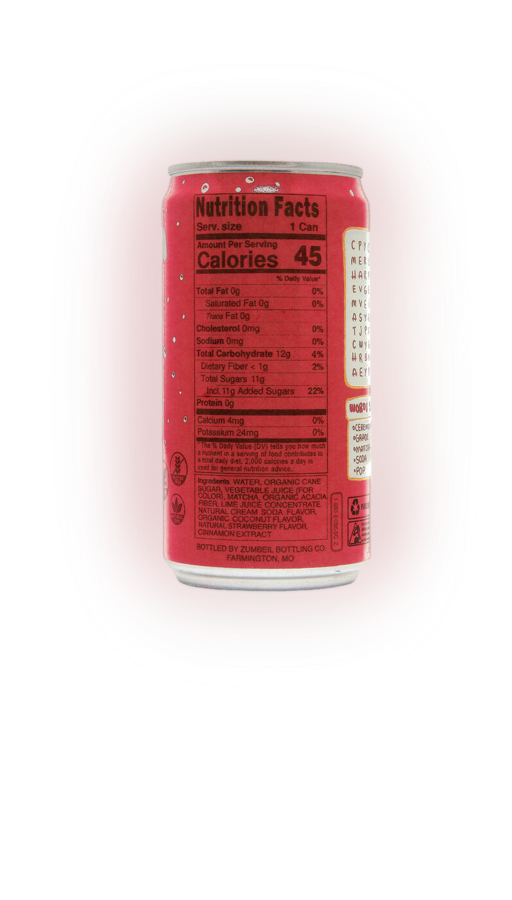 Lantern Beverages Strawberry Matcha Soda, 8.4 fl oz nutrition panel
