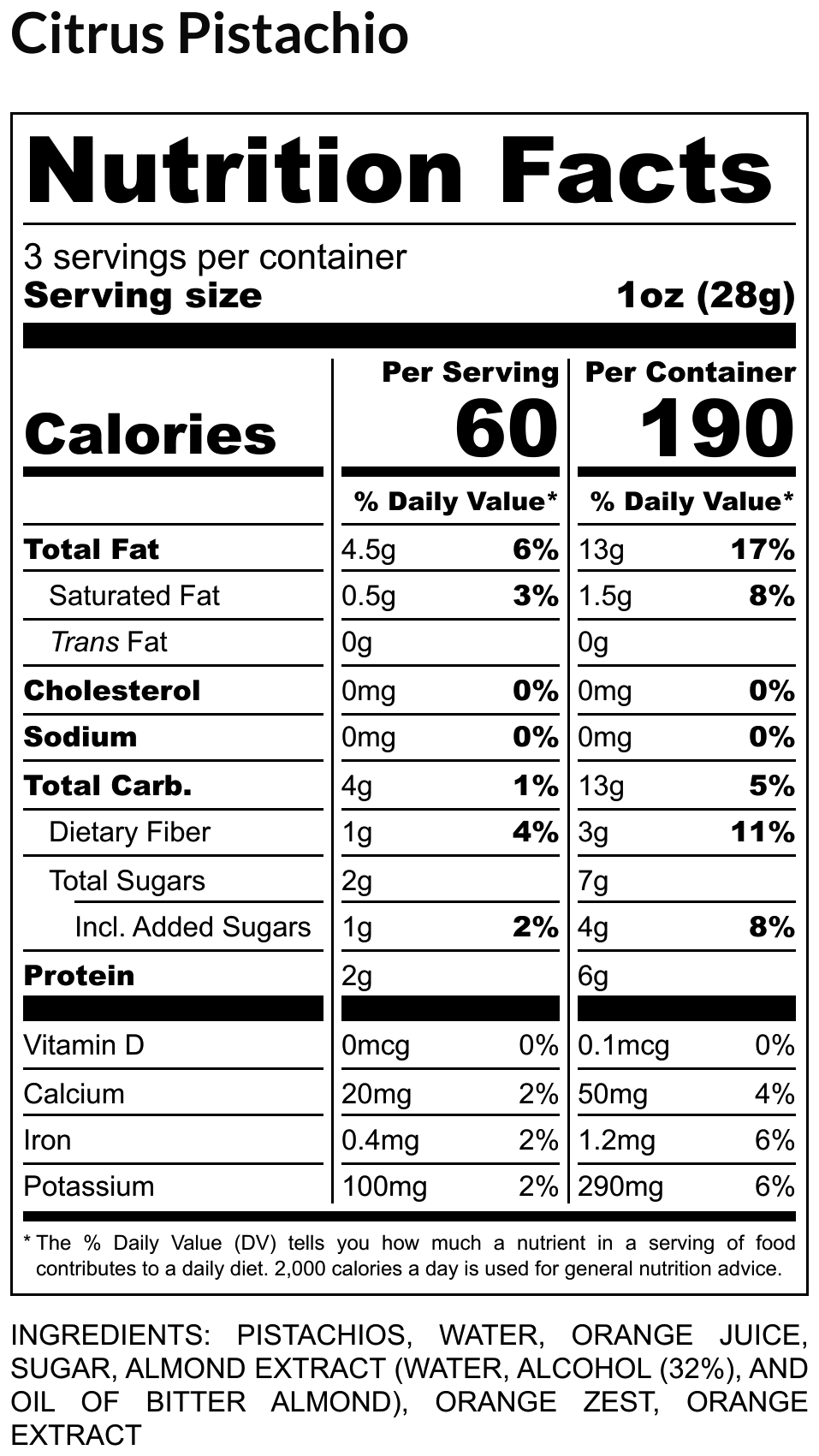 Nutrition facts for Candied Citrus Pistachios