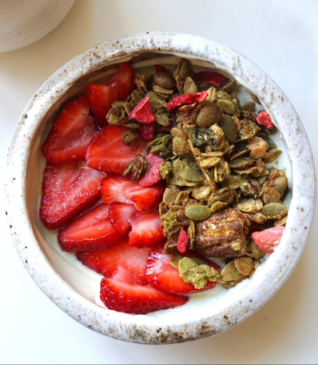 Strawberry Matcha granola clusters by Nomi Crunch