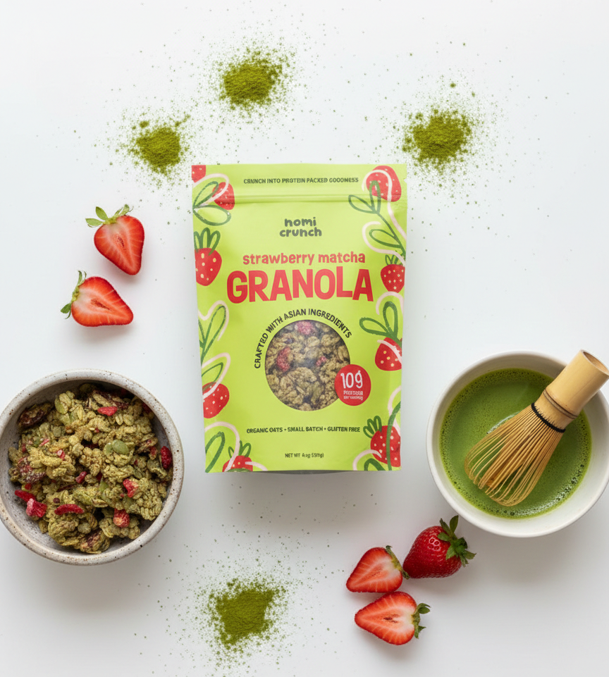 Nomi Crunch Strawberry Matcha granola serving suggestion