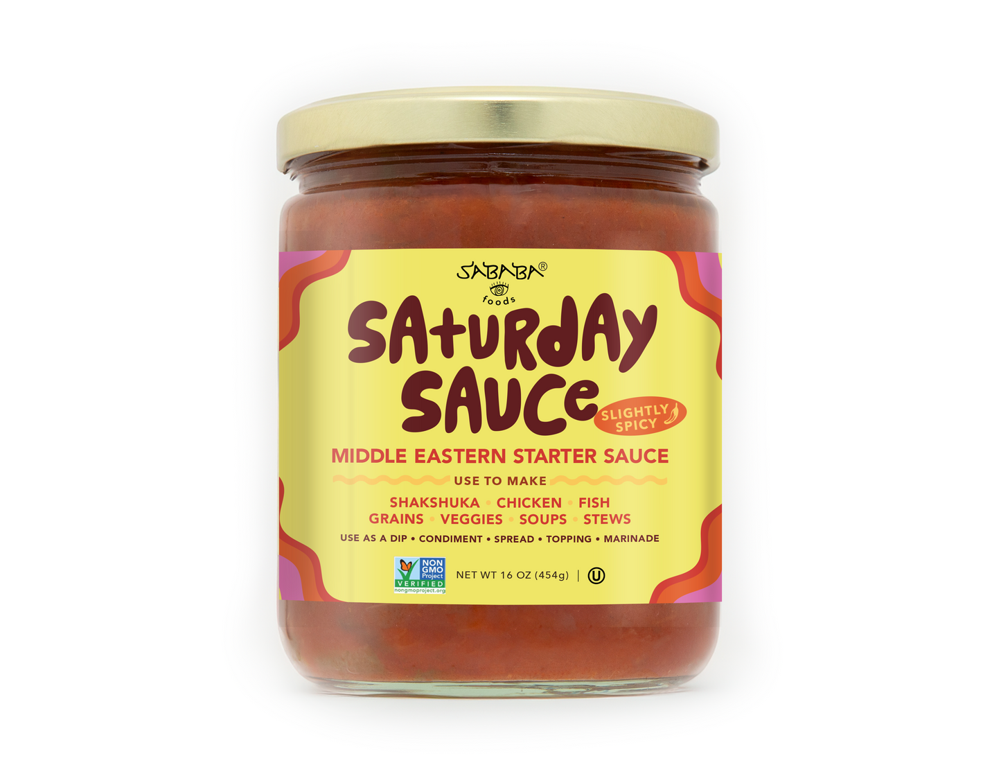 Sababa Foods Saturday Sauce Slightly Spicy 16 oz jar, front
