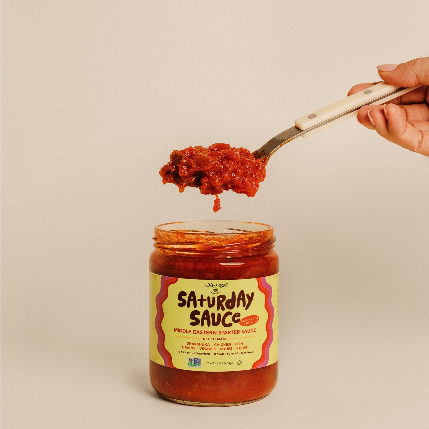 Serving suggestion for Sababa Foods Saturday Sauce Slightly Spicy